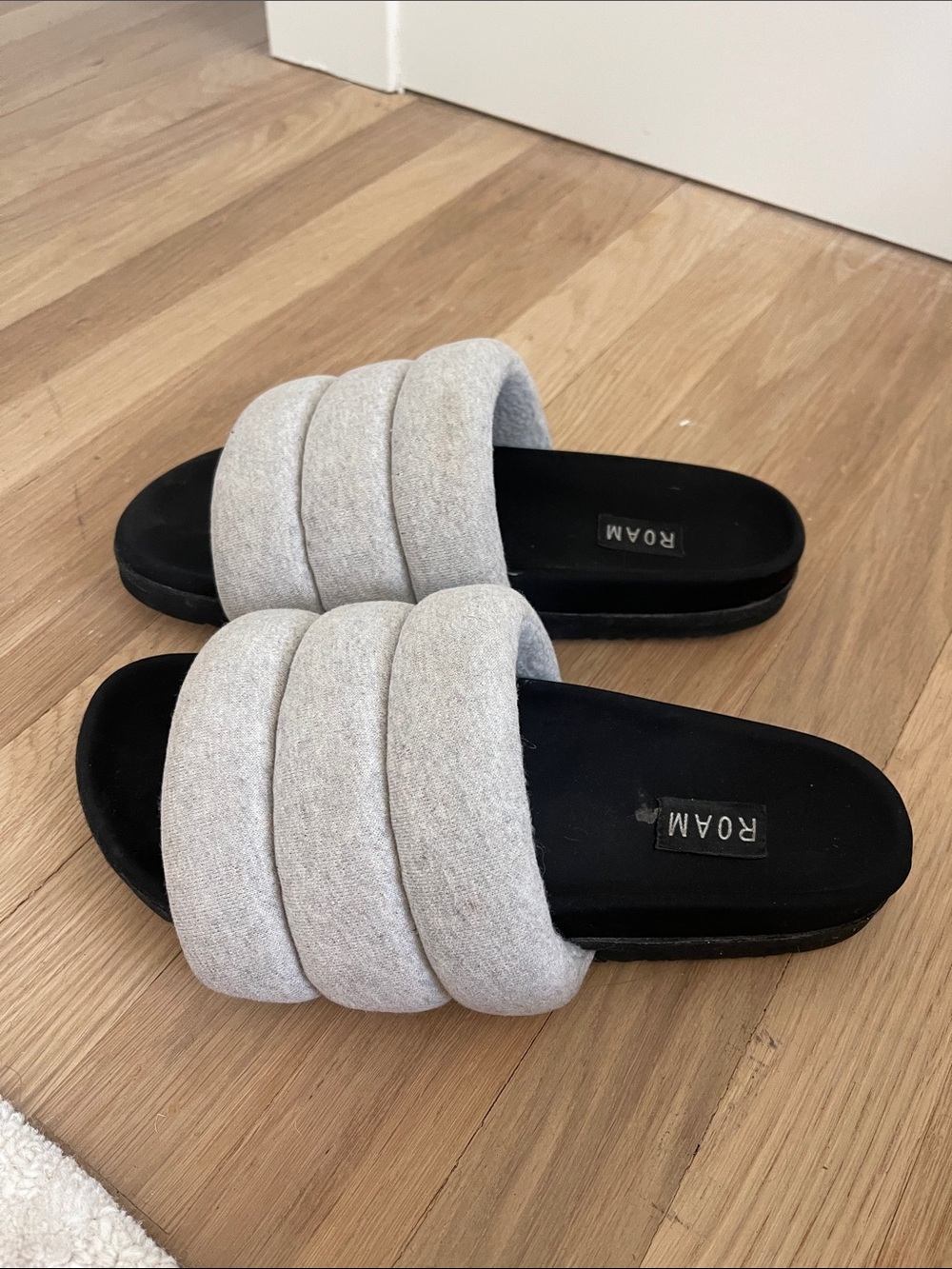 ROAM Quilted Slide Mules in Light Gray with Black Footbed